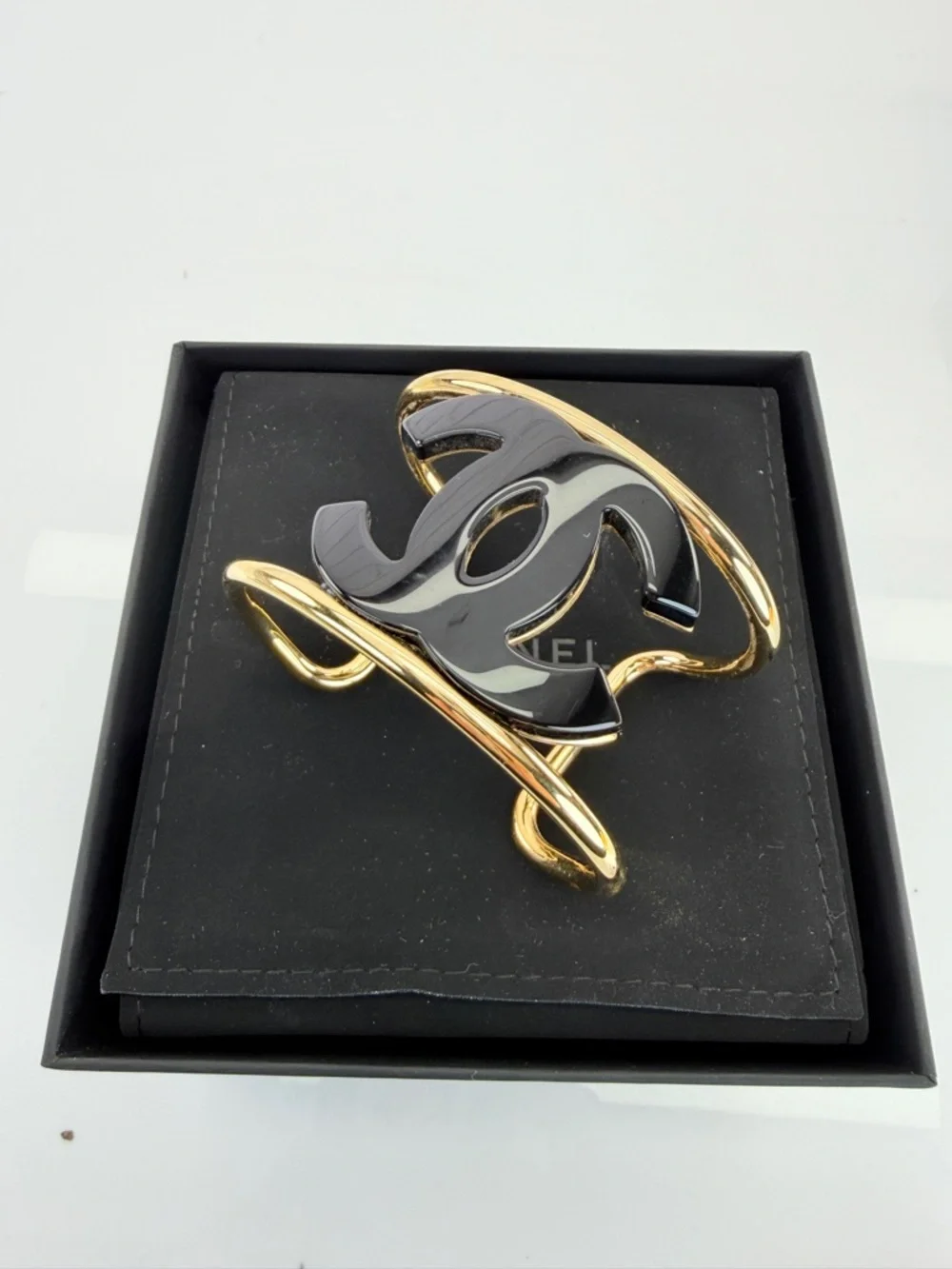 CHANEL Cuff Coco Mark Black and Gold Double C Logo Cuff Bracelet